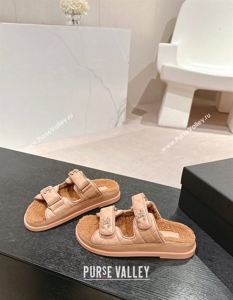 Chanel Quilted Calfskin Shearling Wool Flat Slides Sandal with Chain CC Rose Beige 2024 (KL-241121146)