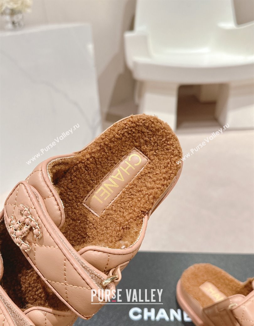 Chanel Quilted Calfskin Shearling Wool Flat Slides Sandal with Chain CC Rose Beige 2024 (KL-241121146)