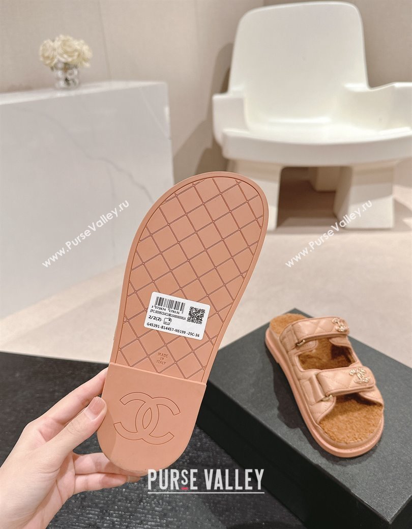 Chanel Quilted Calfskin Shearling Wool Flat Slides Sandal with Chain CC Rose Beige 2024 (KL-241121146)