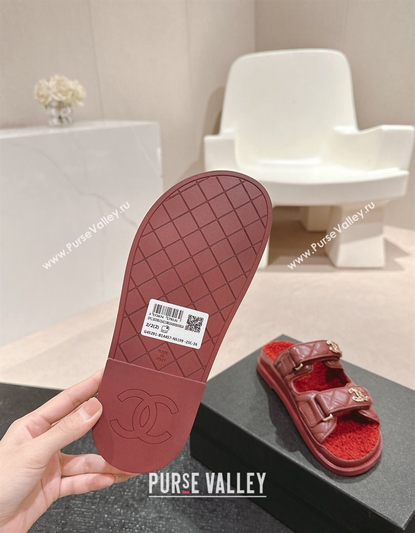 Chanel Quilted Calfskin Shearling Wool Flat Slides Sandal with Chain CC Burgundy 2024 (KL-241121148)