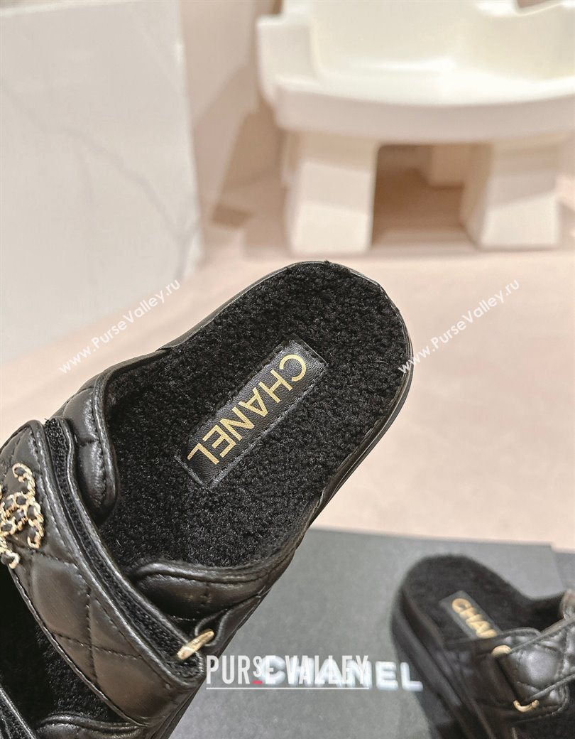 Chanel Quilted Calfskin Shearling Wool Flat Slides Sandal with Chain CC Black 2024 (KL-241121149)