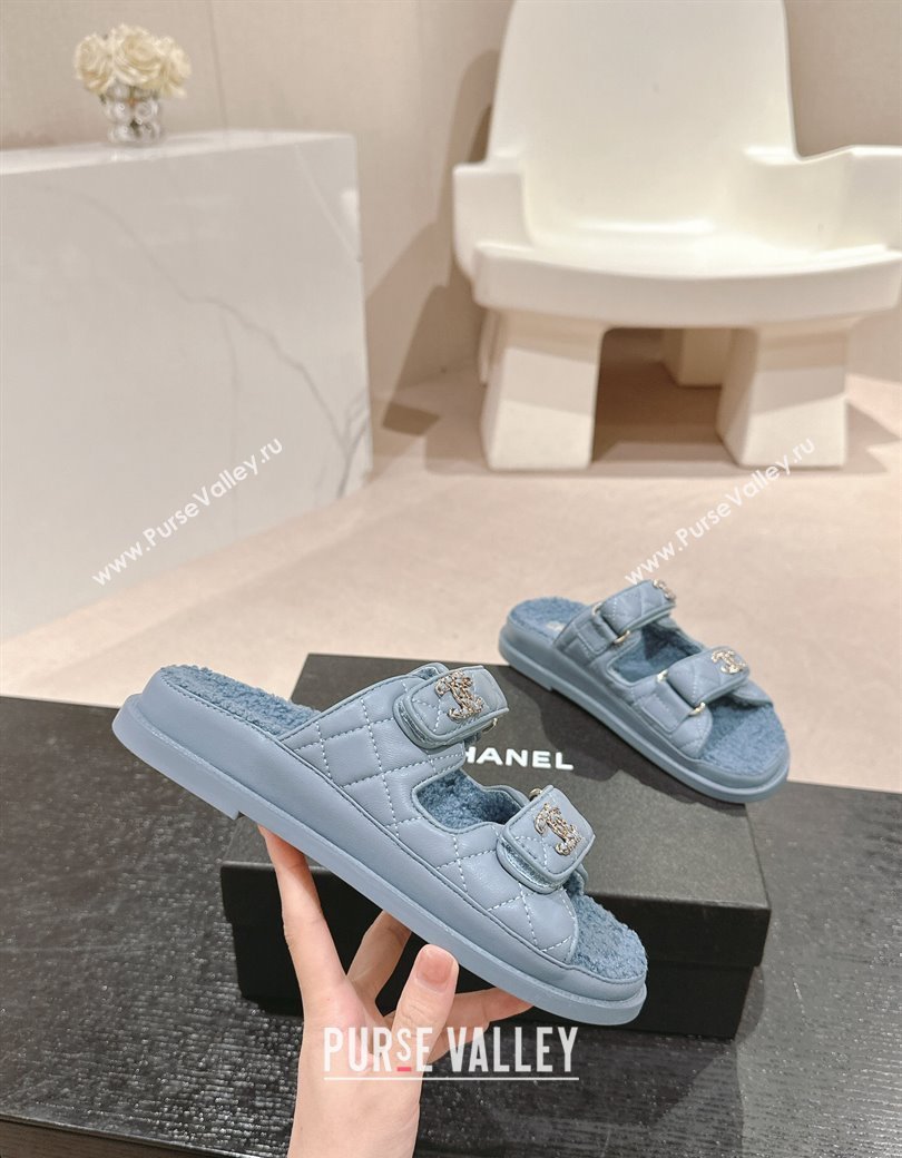 Chanel Quilted Calfskin Shearling Wool Flat Slides Sandal with Chain CC Blue2 2024 (KL-241121151)