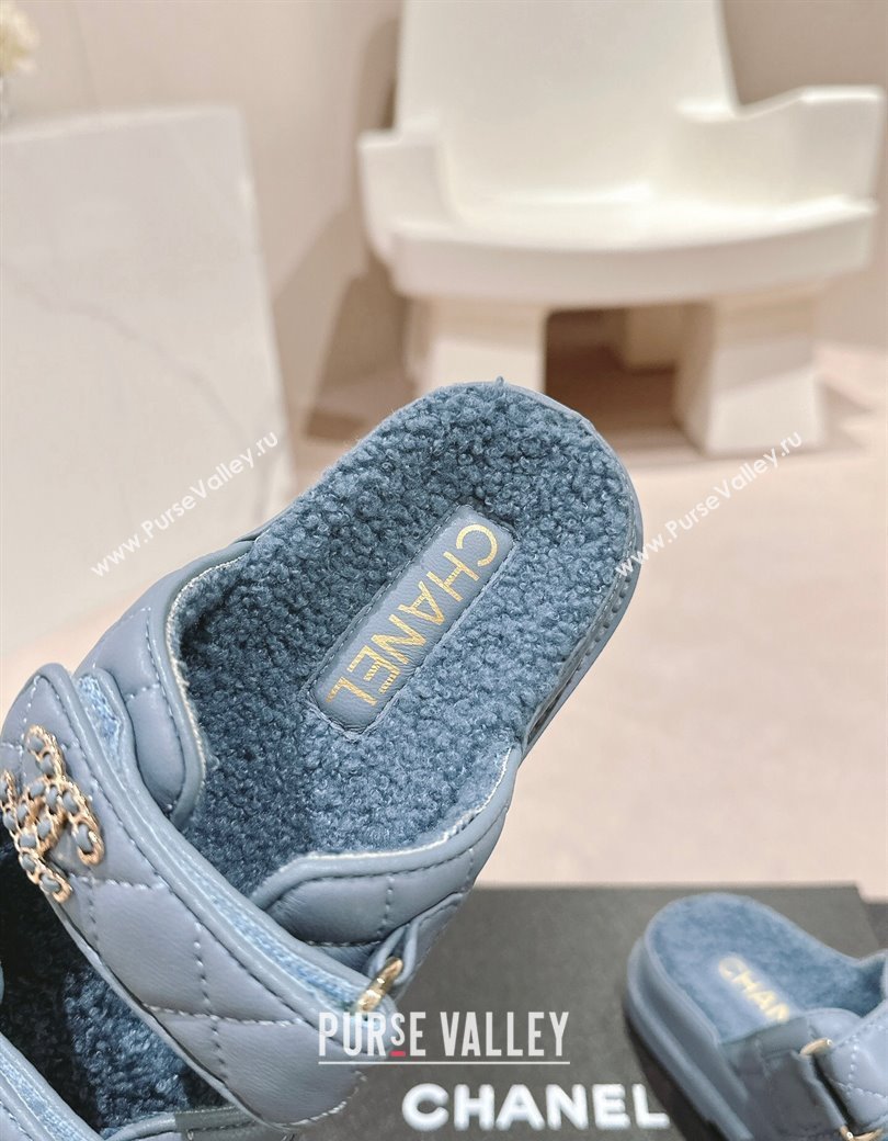 Chanel Quilted Calfskin Shearling Wool Flat Slides Sandal with Chain CC Blue2 2024 (KL-241121151)