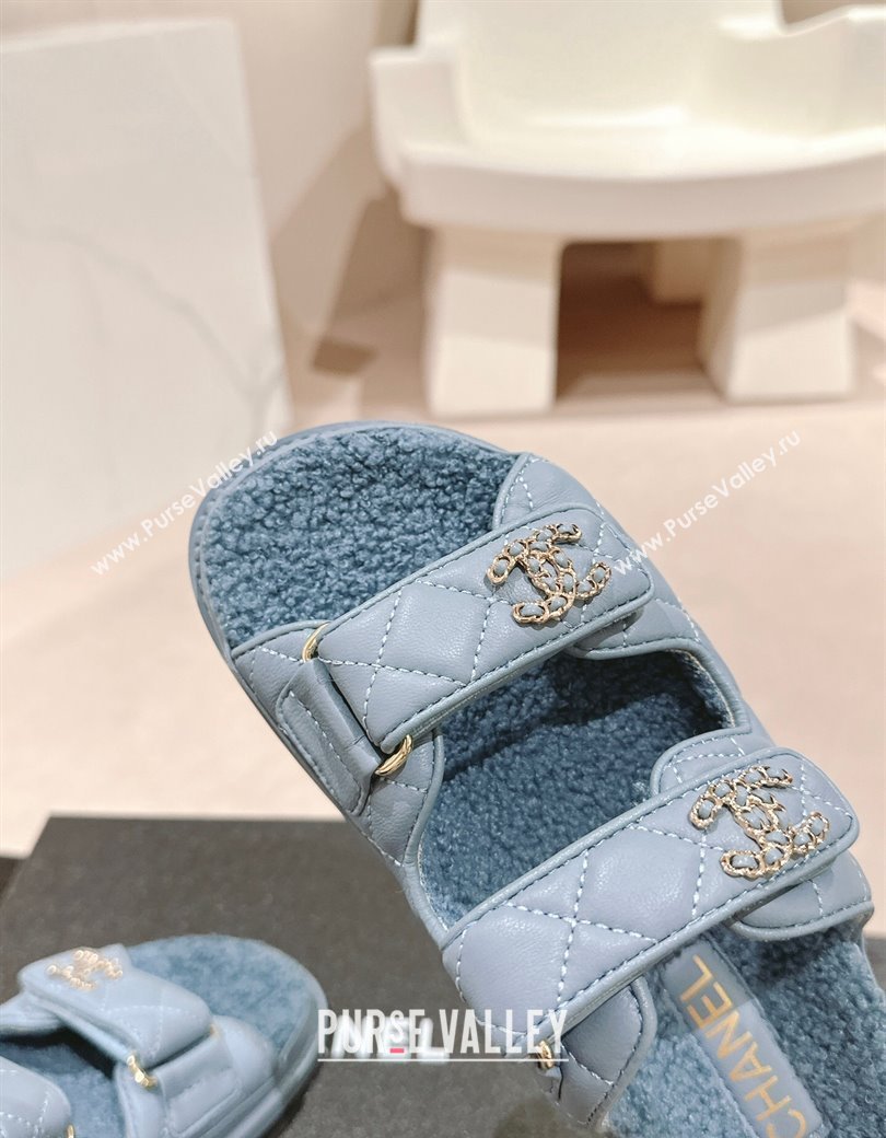 Chanel Quilted Calfskin Shearling Wool Flat Slides Sandal with Chain CC Blue2 2024 (KL-241121151)