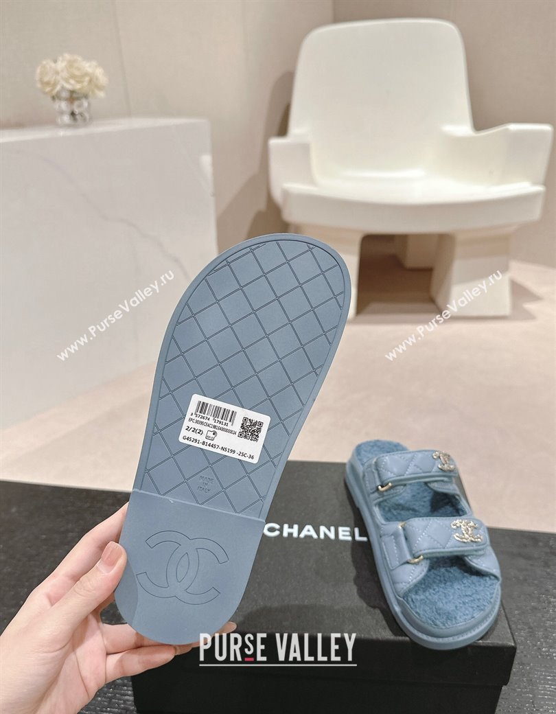 Chanel Quilted Calfskin Shearling Wool Flat Slides Sandal with Chain CC Blue2 2024 (KL-241121151)