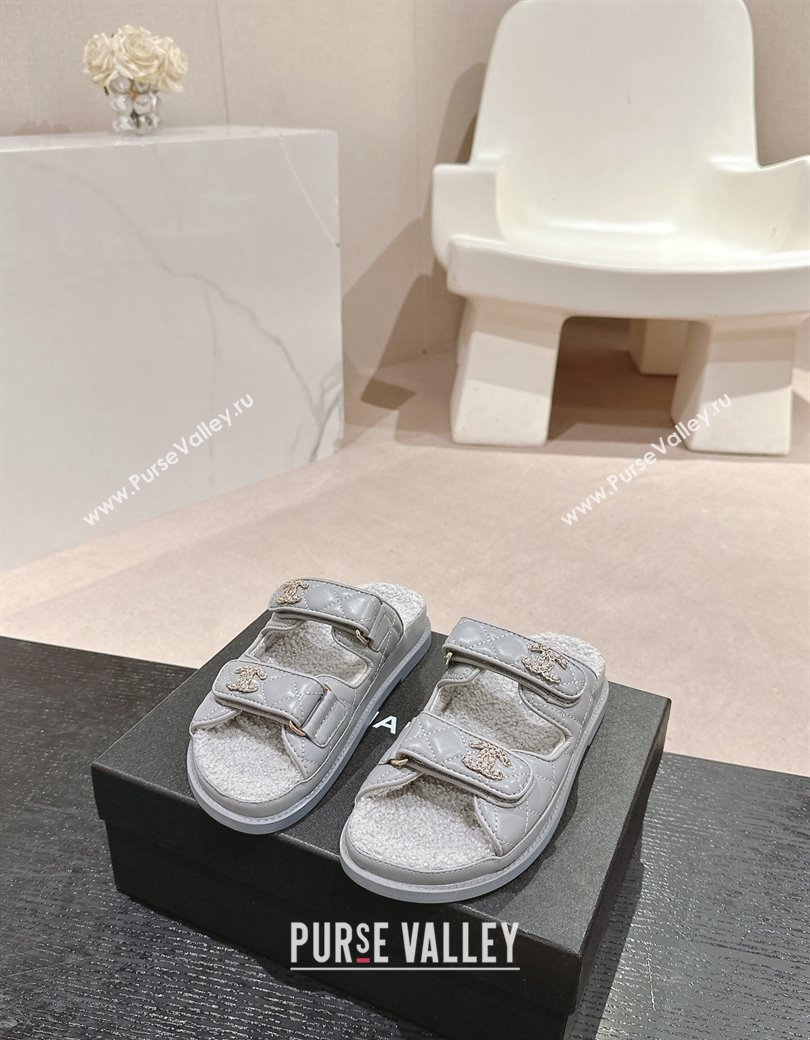 Chanel Quilted Calfskin Shearling Wool Flat Slides Sandal with Chain CC Grey 2024 (KL-241121152)