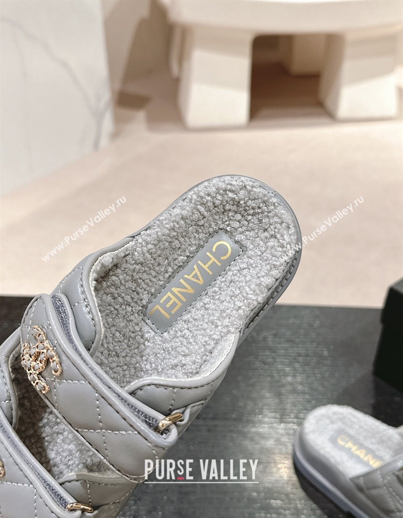 Chanel Quilted Calfskin Shearling Wool Flat Slides Sandal with Chain CC Grey 2024 (KL-241121152)