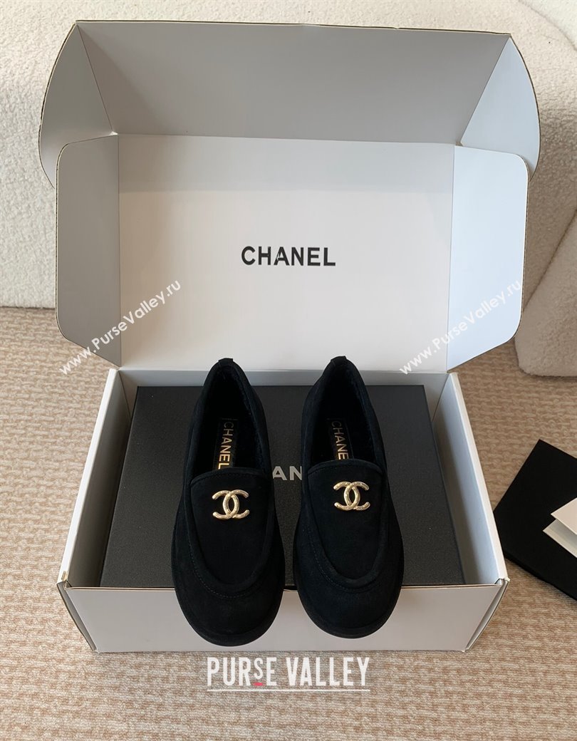 Chanel Suede Shearling Wool Loafers Flat Black 2024 CH112005 (JC-2411120023)