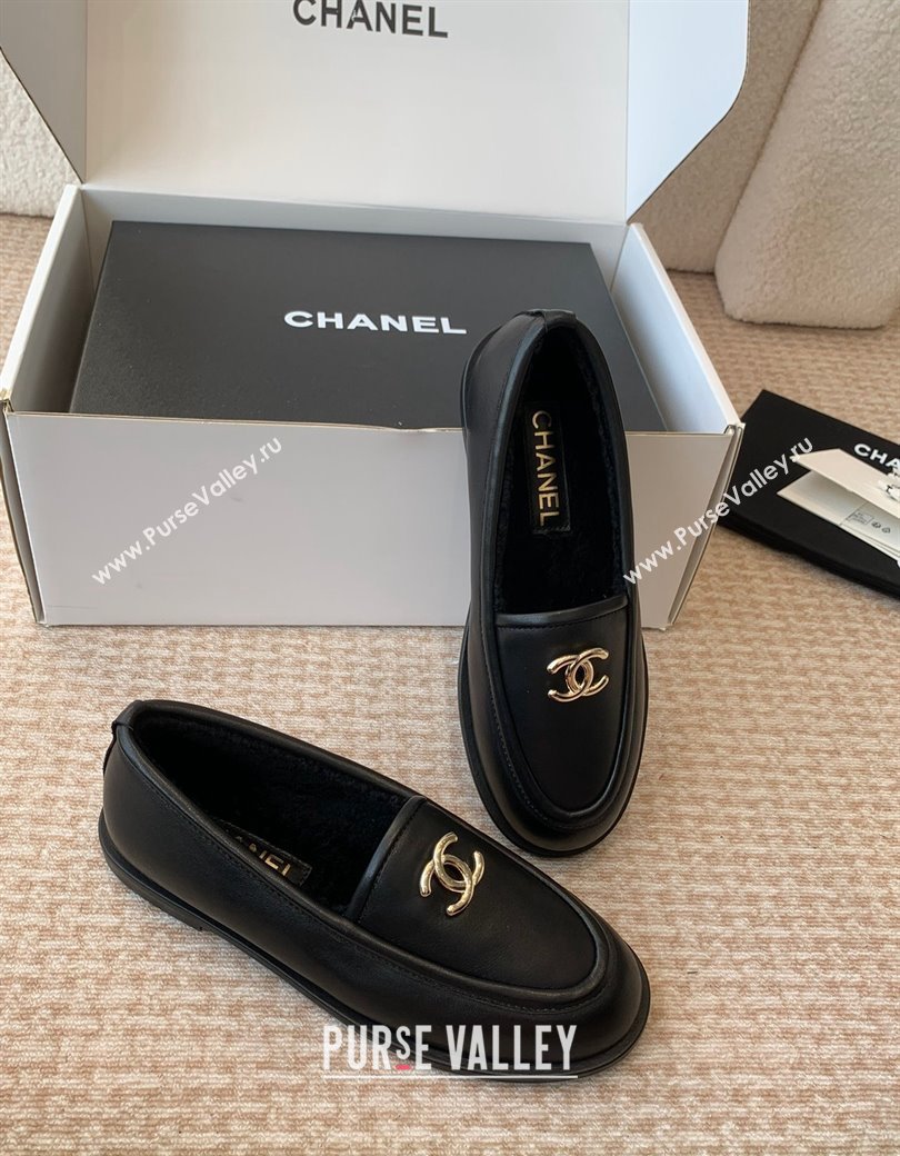 Chanel Suede Shearling Wool Loafers Flat Black 2024 CH112005 (JC-2411120023)