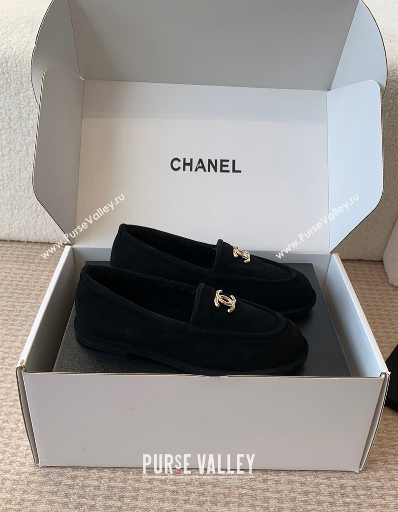 Chanel Suede Shearling Wool Loafers Flat Black 2024 CH112005 (JC-2411120023)