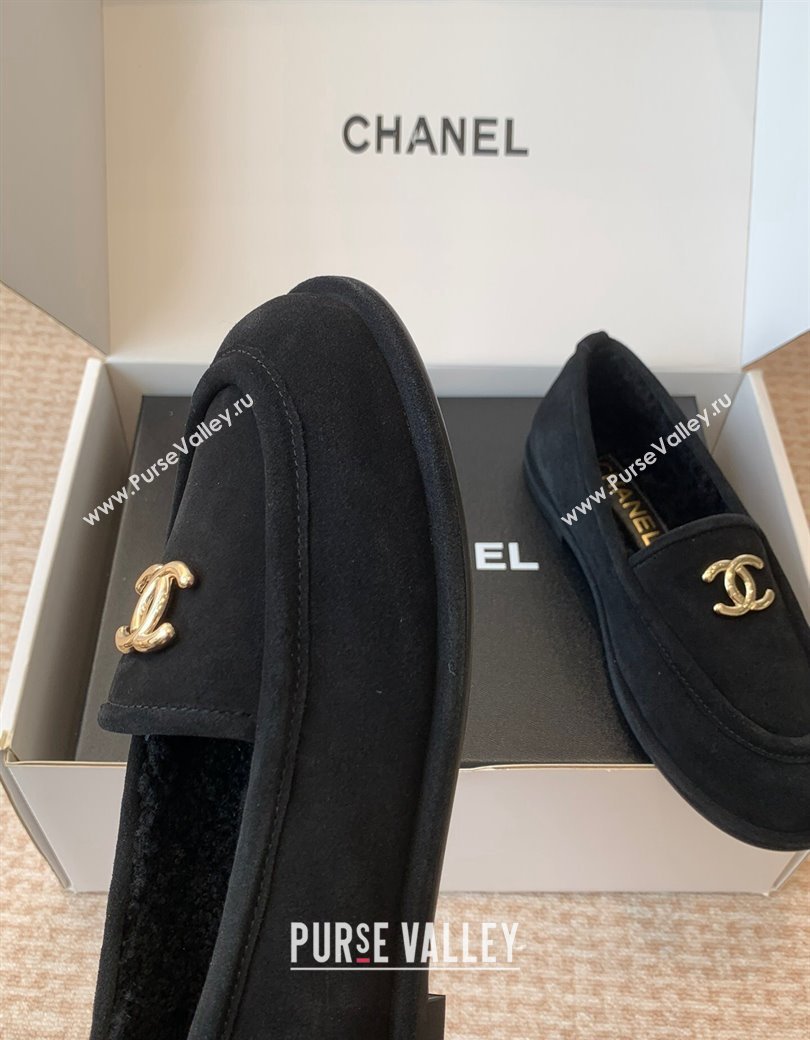 Chanel Suede Shearling Wool Loafers Flat Black 2024 CH112005 (JC-2411120023)