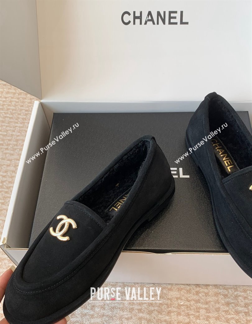 Chanel Suede Shearling Wool Loafers Flat Black 2024 CH112005 (JC-2411120023)