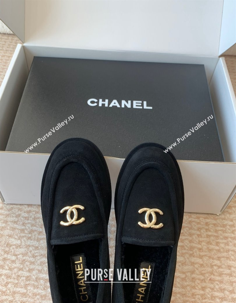 Chanel Suede Shearling Wool Loafers Flat Black 2024 CH112005 (JC-2411120023)