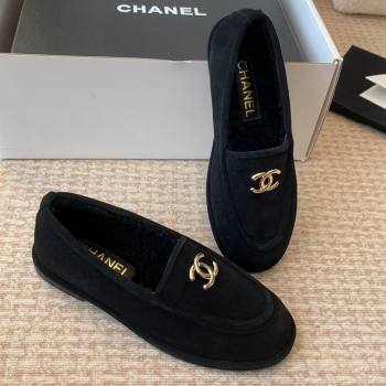 Chanel Suede Shearling Wool Loafers Flat Black 2024 CH112005 (JC-2411120023)