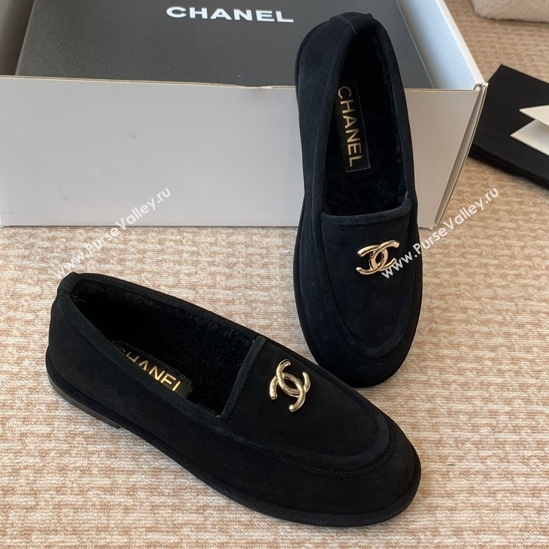 Chanel Suede Shearling Wool Loafers Flat Black 2024 CH112005 (JC-2411120023)