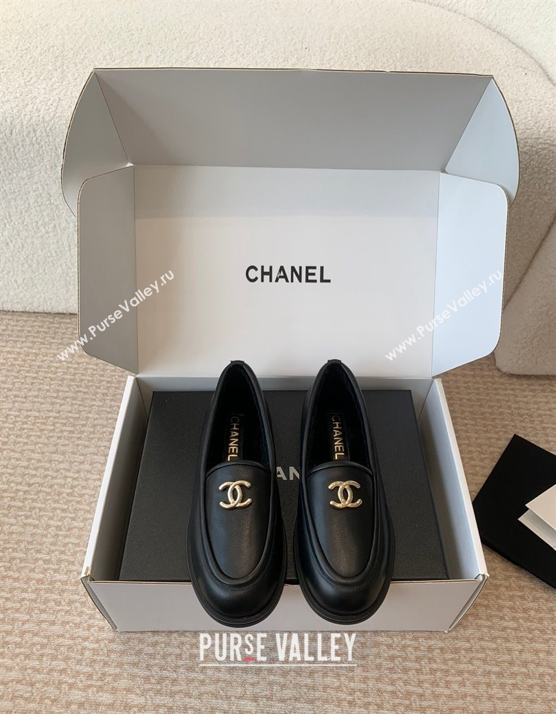 Chanel Calfskin Shearling Wool Loafers Flat Black 2024 CH112005 (JC-2411120024)