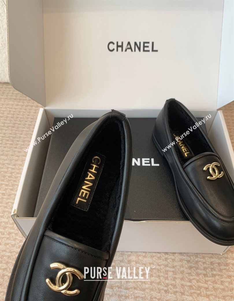 Chanel Calfskin Shearling Wool Loafers Flat Black 2024 CH112005 (JC-2411120024)