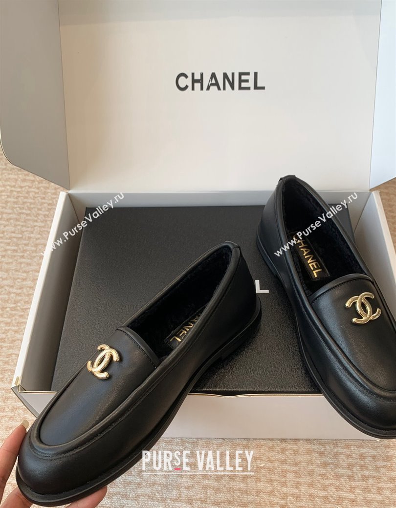 Chanel Calfskin Shearling Wool Loafers Flat Black 2024 CH112005 (JC-2411120024)