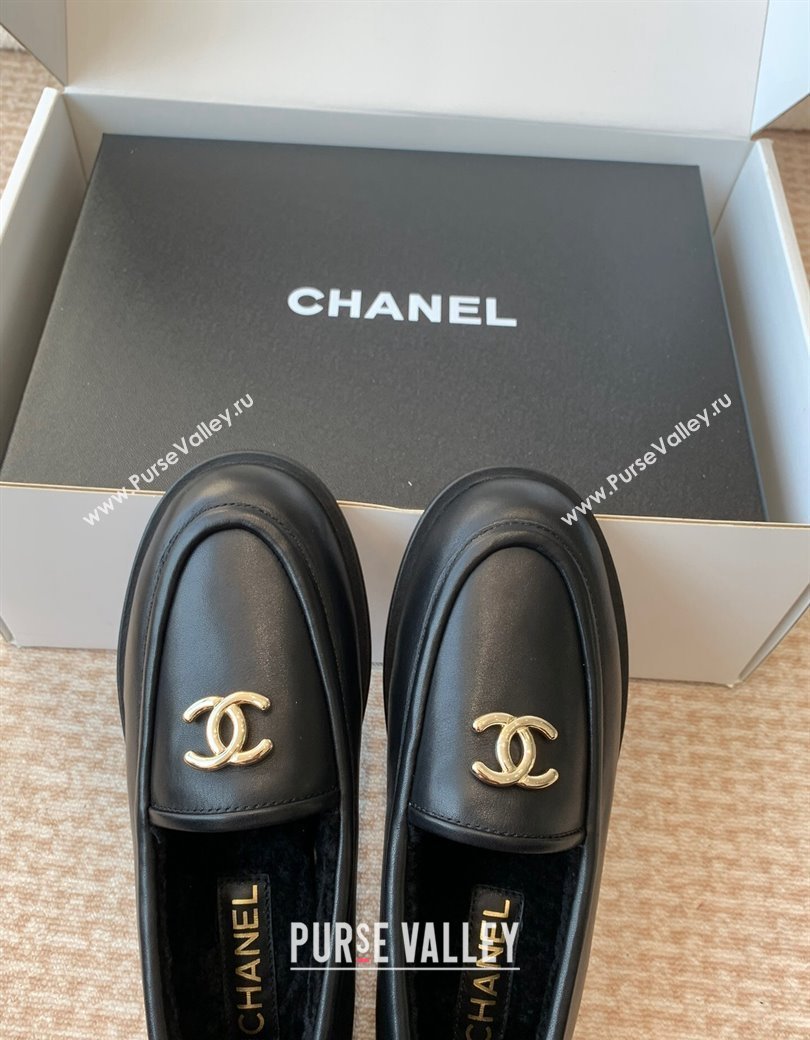 Chanel Calfskin Shearling Wool Loafers Flat Black 2024 CH112005 (JC-2411120024)