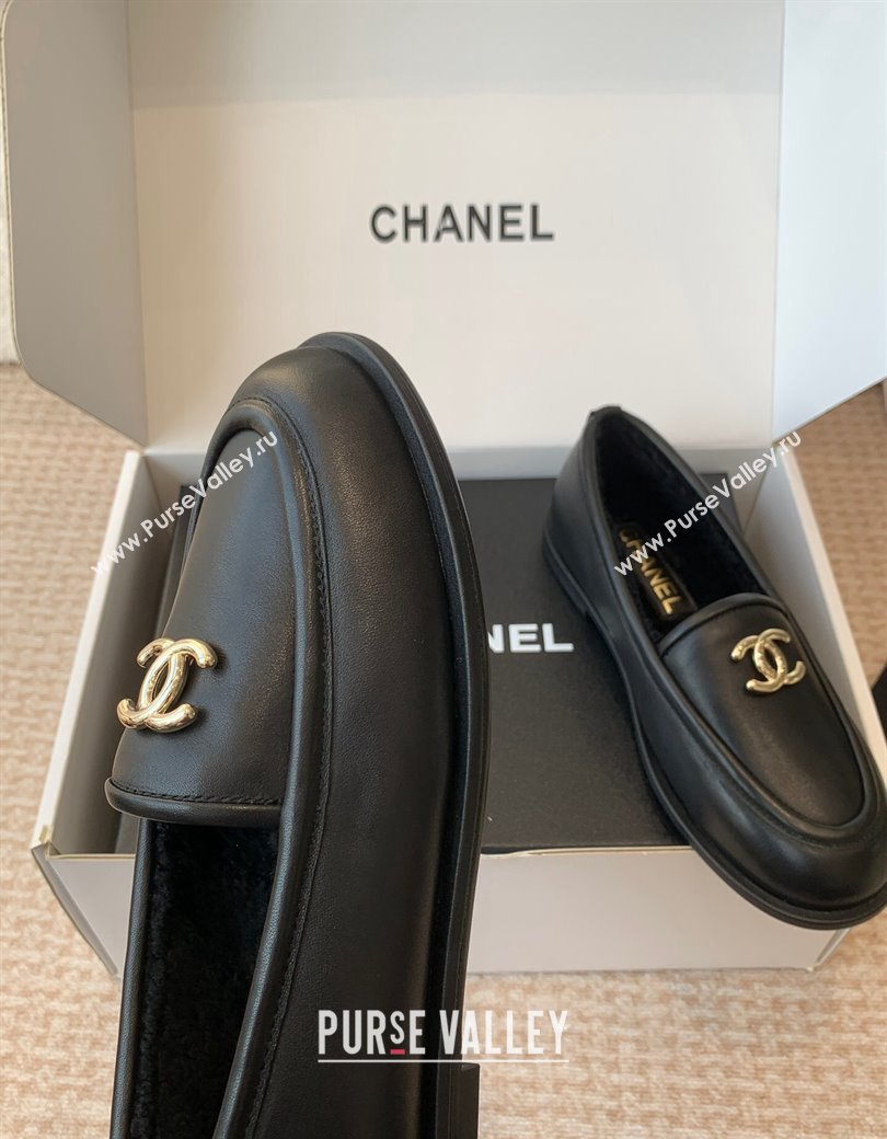 Chanel Calfskin Shearling Wool Loafers Flat Black 2024 CH112005 (JC-2411120024)