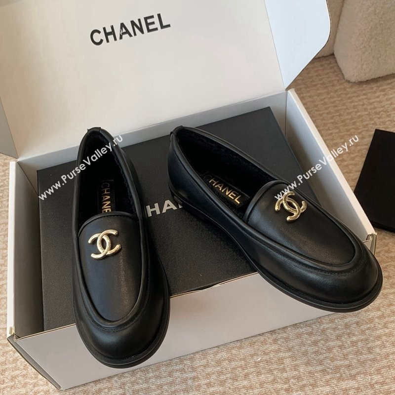 Chanel Calfskin Shearling Wool Loafers Flat Black 2024 CH112005 (JC-2411120024)