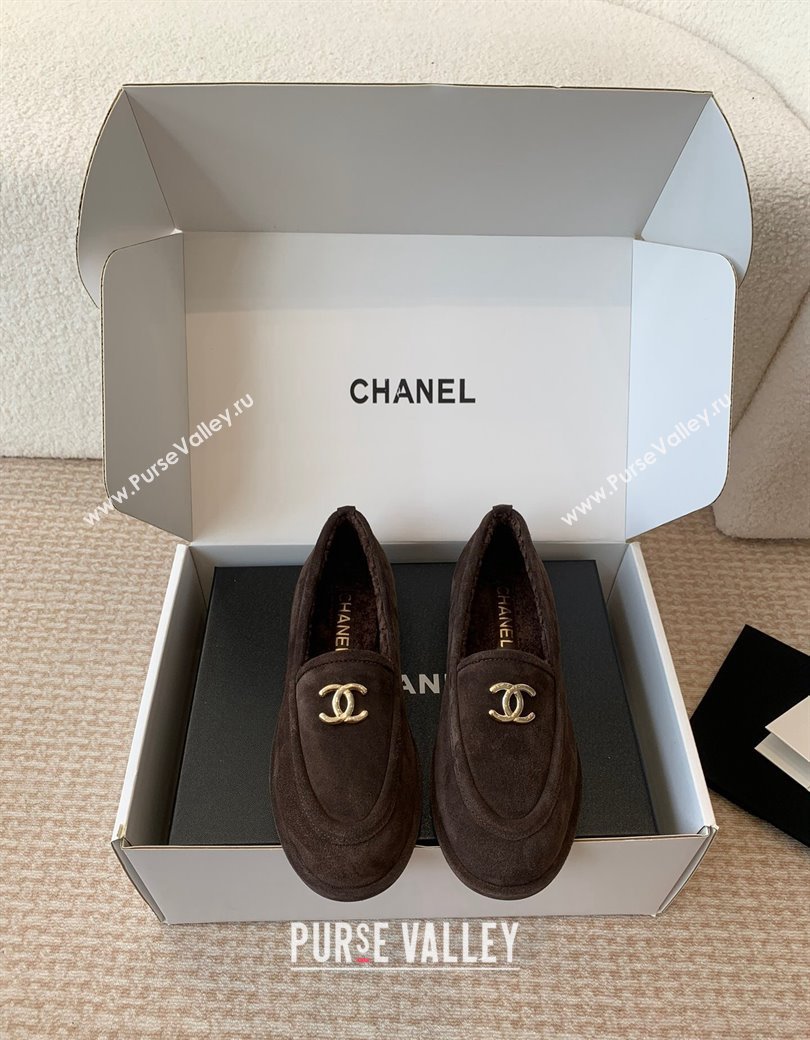 Chanel Suede Shearling Wool Loafers Flat Dark Brown 2024 CH112005 (JC-2411120025)