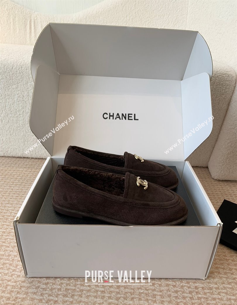 Chanel Suede Shearling Wool Loafers Flat Dark Brown 2024 CH112005 (JC-2411120025)