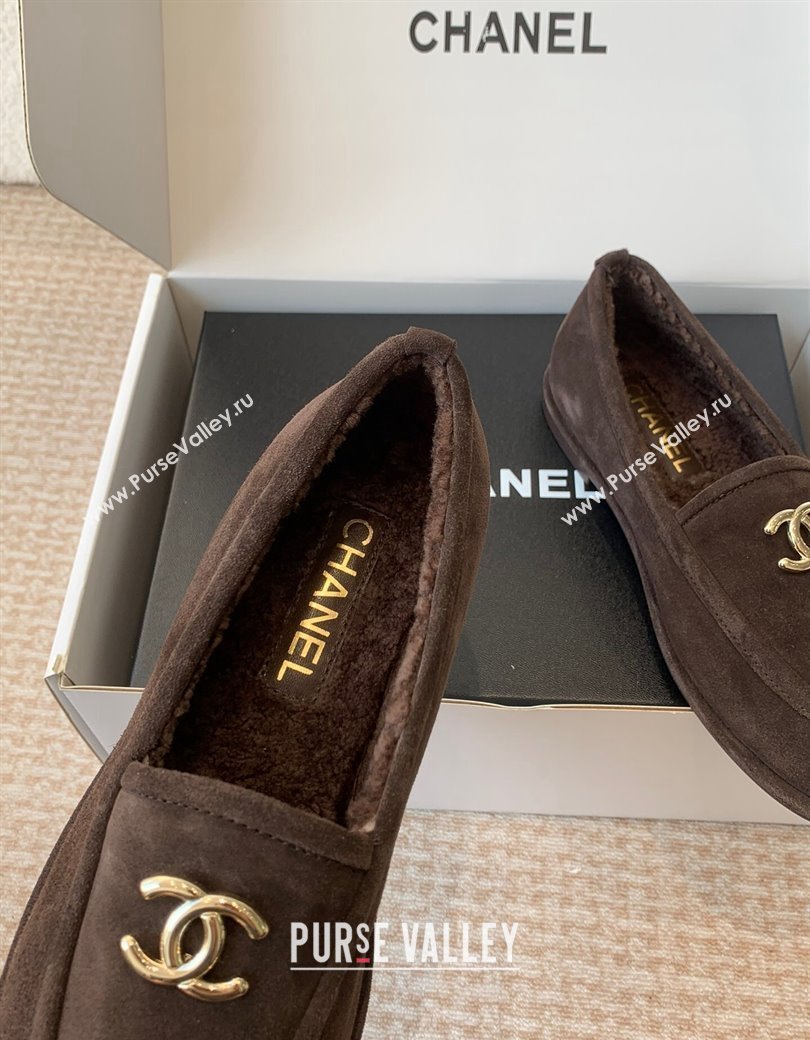 Chanel Suede Shearling Wool Loafers Flat Dark Brown 2024 CH112005 (JC-2411120025)