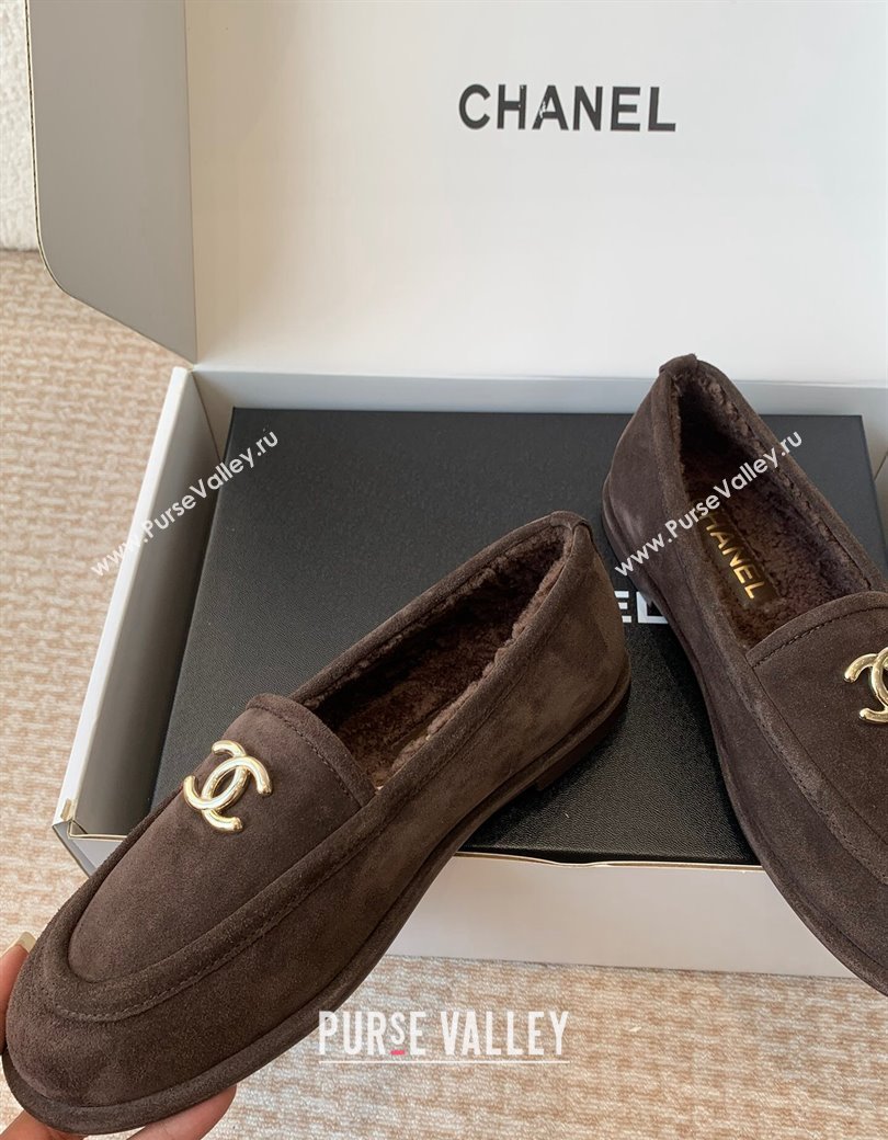 Chanel Suede Shearling Wool Loafers Flat Dark Brown 2024 CH112005 (JC-2411120025)