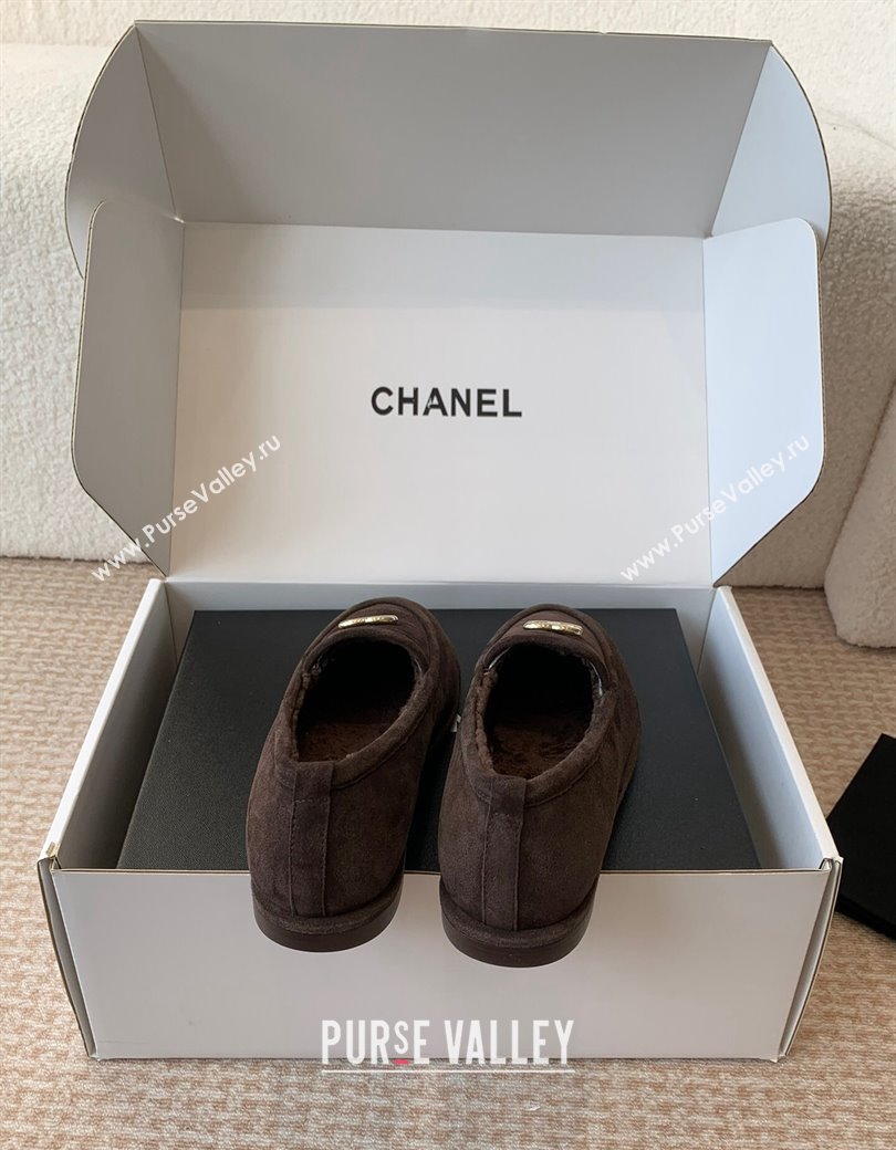 Chanel Suede Shearling Wool Loafers Flat Dark Brown 2024 CH112005 (JC-2411120025)