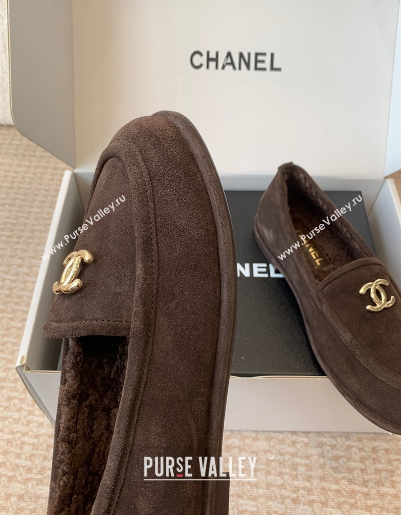 Chanel Suede Shearling Wool Loafers Flat Dark Brown 2024 CH112005 (JC-2411120025)