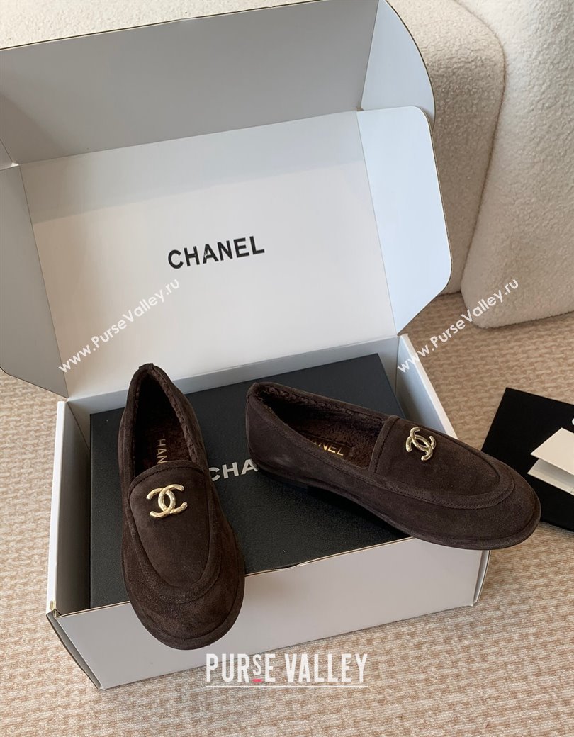 Chanel Suede Shearling Wool Loafers Flat Dark Brown 2024 CH112005 (JC-2411120025)