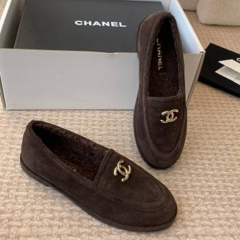 Chanel Suede Shearling Wool Loafers Flat Dark Brown 2024 CH112005 (JC-2411120025)