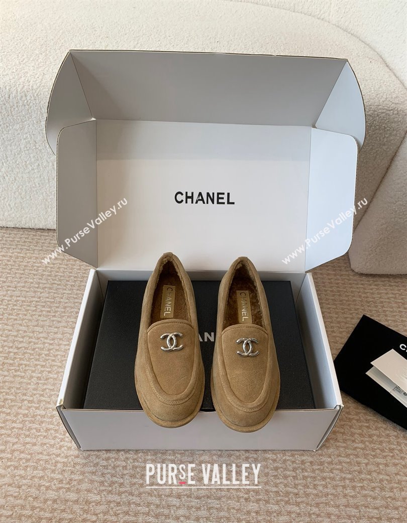 Chanel Suede Shearling Wool Loafers Flat Camel Brown 2024 CH112005 (JC-2411120026)