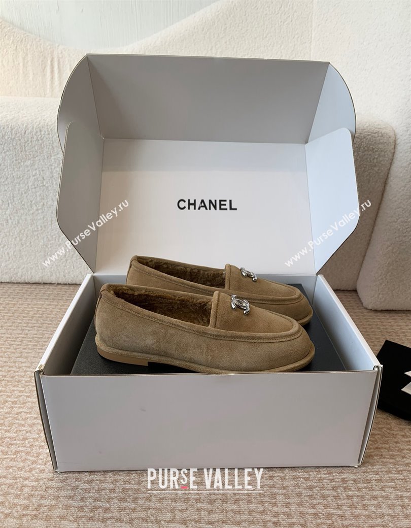 Chanel Suede Shearling Wool Loafers Flat Camel Brown 2024 CH112005 (JC-2411120026)