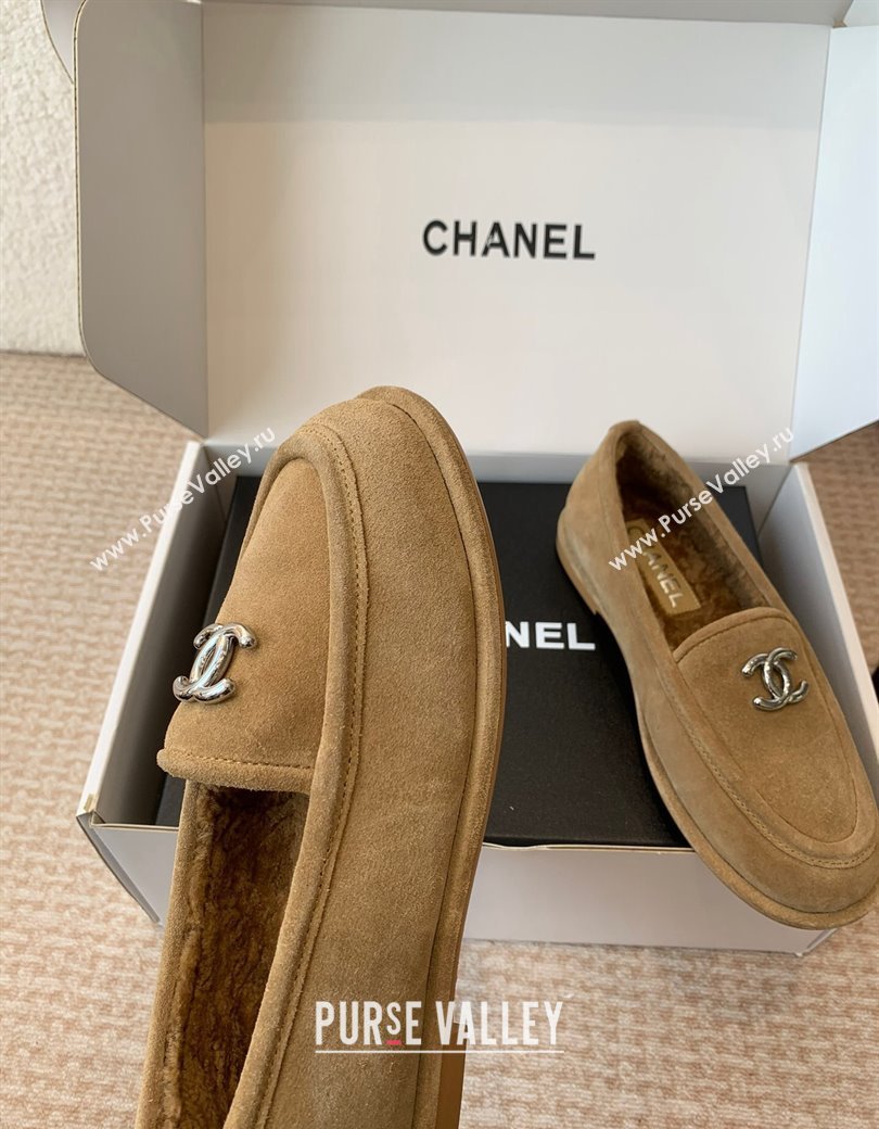 Chanel Suede Shearling Wool Loafers Flat Camel Brown 2024 CH112005 (JC-2411120026)