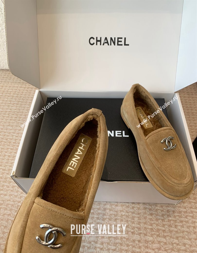 Chanel Suede Shearling Wool Loafers Flat Camel Brown 2024 CH112005 (JC-2411120026)