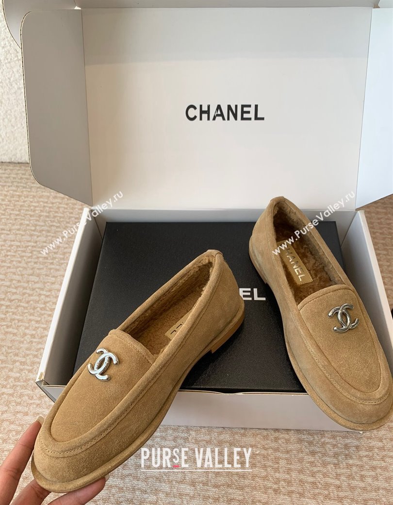 Chanel Suede Shearling Wool Loafers Flat Camel Brown 2024 CH112005 (JC-2411120026)