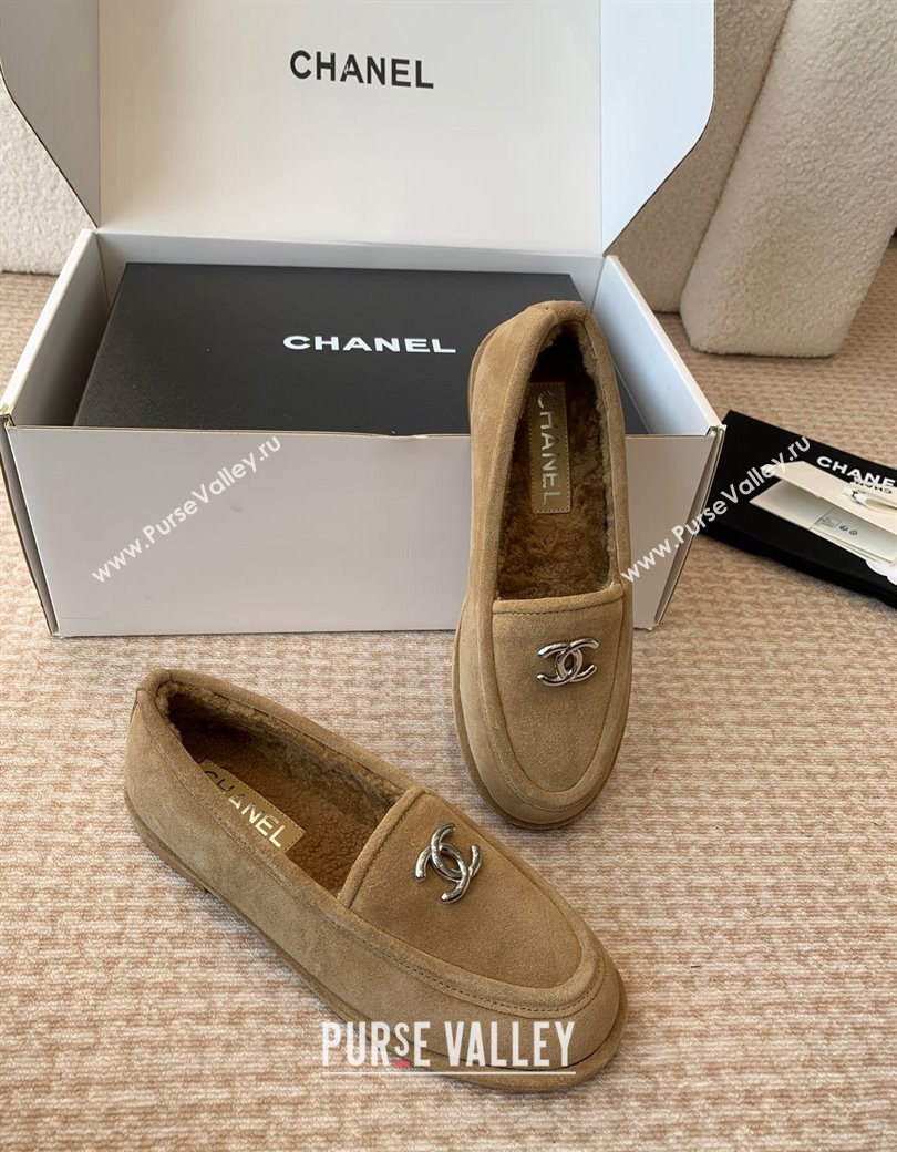 Chanel Suede Shearling Wool Loafers Flat Camel Brown 2024 CH112005 (JC-2411120026)