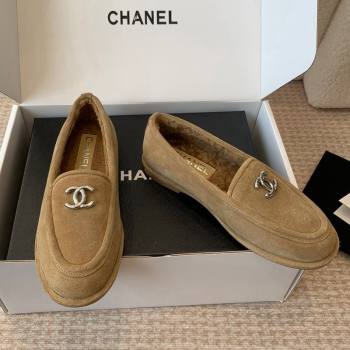 Chanel Suede Shearling Wool Loafers Flat Camel Brown 2024 CH112005 (JC-2411120026)