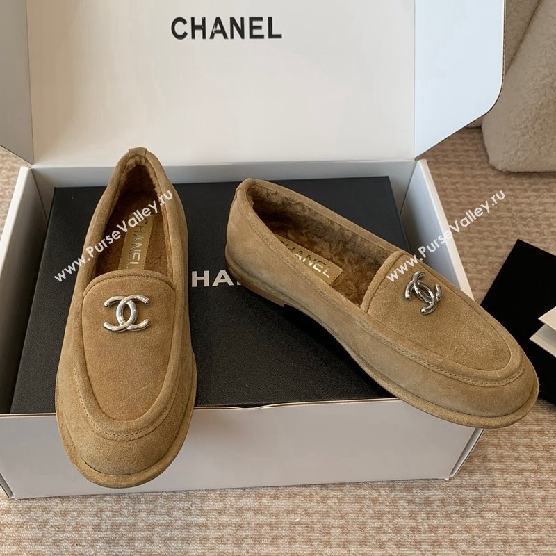 Chanel Suede Shearling Wool Loafers Flat Camel Brown 2024 CH112005 (JC-2411120026)