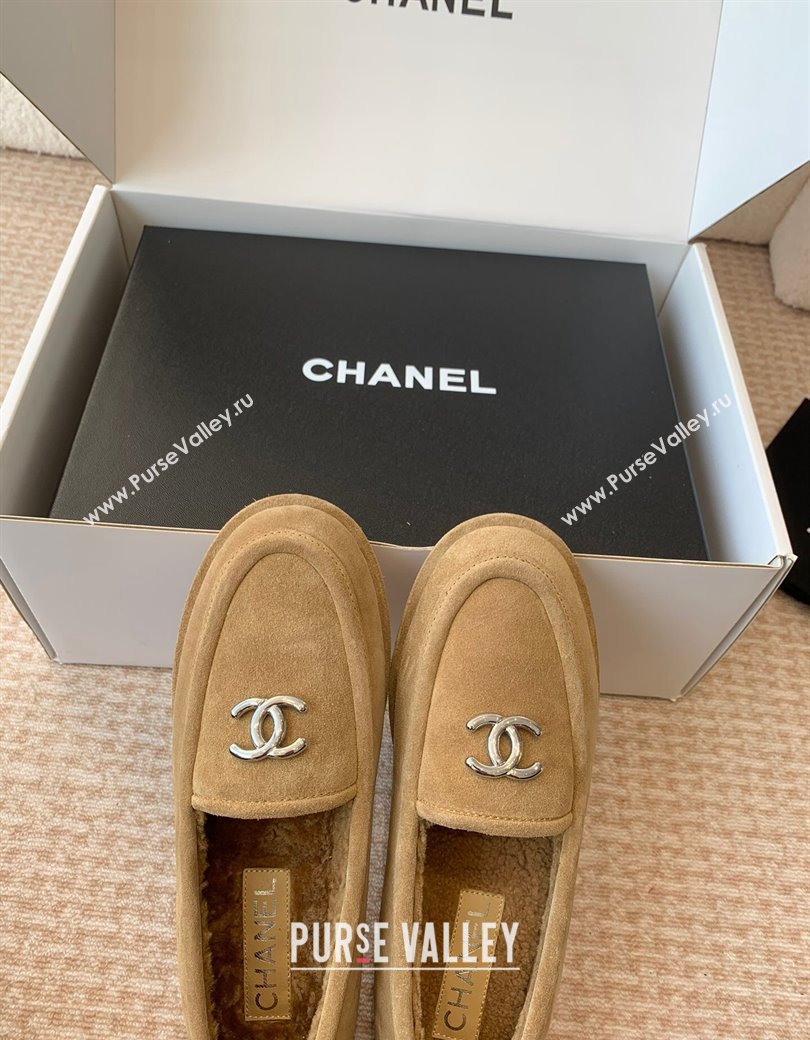 Chanel Suede Shearling Wool Loafers Flat Camel Brown 2024 CH112005 (JC-2411120026)