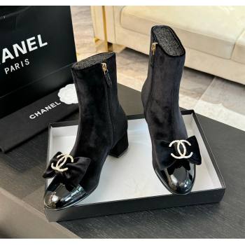 Chanel Velvet Heel Ankle Boots with Strass CC Bow Black 2024 CH112103 (SS-241121021)