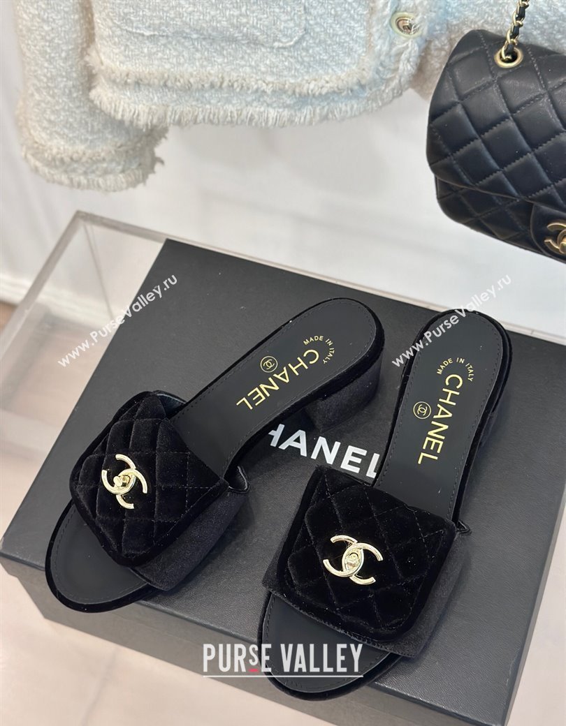 Chanel Velvet Heel Slides Sandal 5cm with Quilted CC Foldover G45474 Black 2024 (MD-241120078)