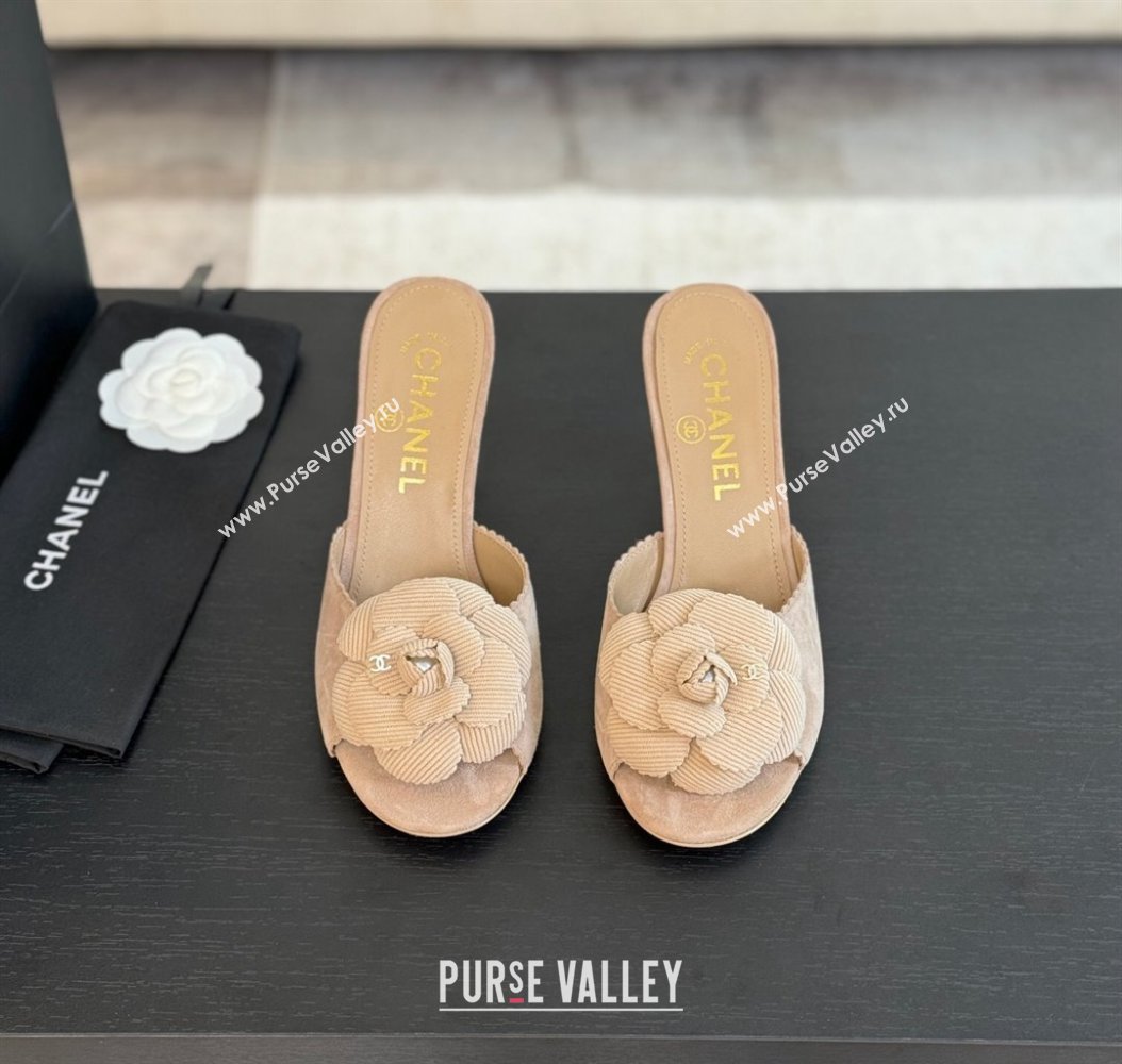 Chanel Suede Heel Slides Sandal 8cm with Camellia Bloom Beige 2024 G45932 (SS-241121027)