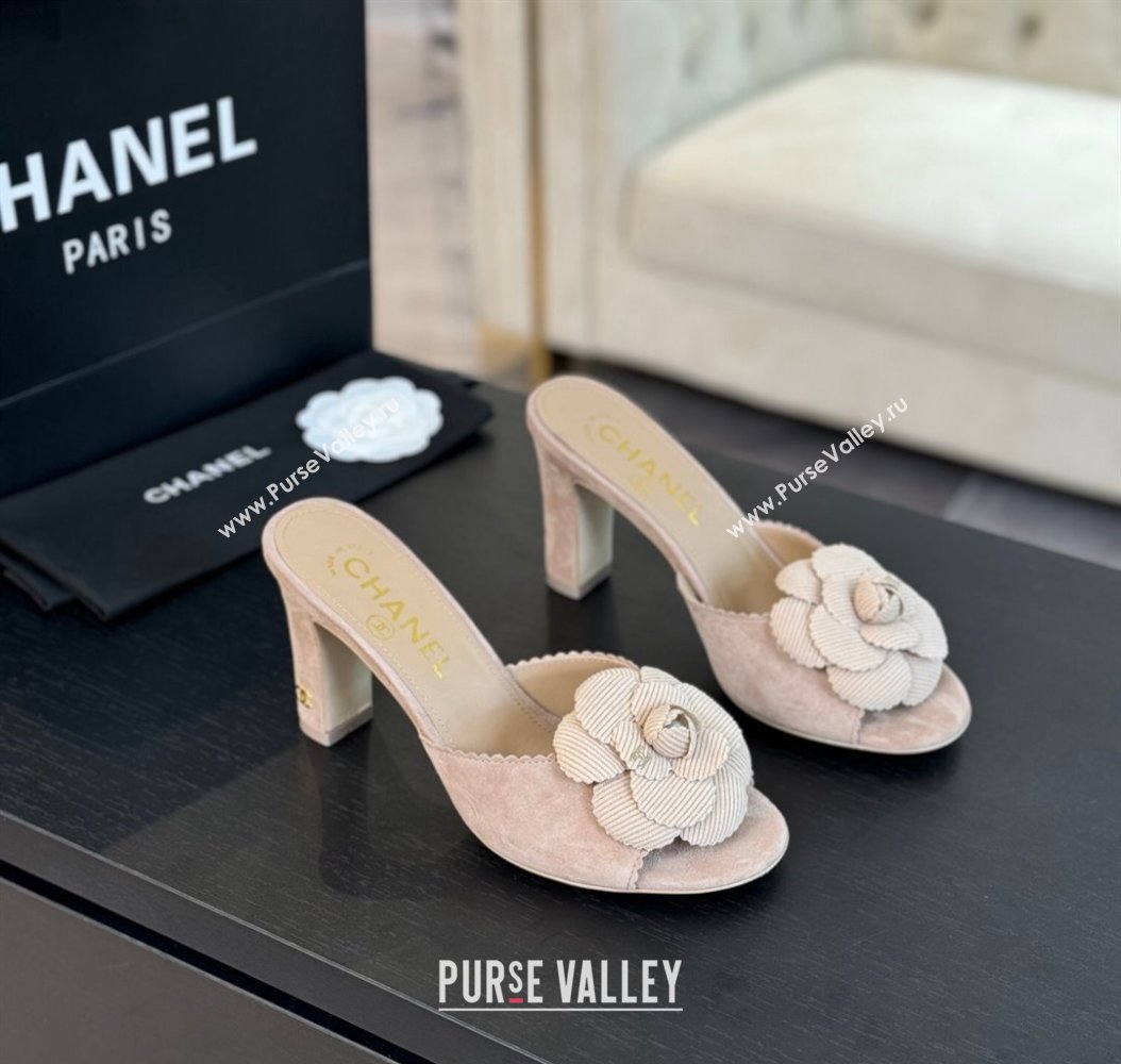 Chanel Suede Heel Slides Sandal 8cm with Camellia Bloom Beige 2024 G45932 (SS-241121027)