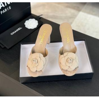 Chanel Suede Heel Slides Sandal 8cm with Camellia Bloom Beige 2024 G45932 (SS-241121027)