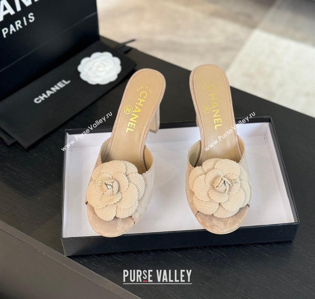 Chanel Suede Heel Slides Sandal 8cm with Camellia Bloom Beige 2024 G45932 (SS-241121027)