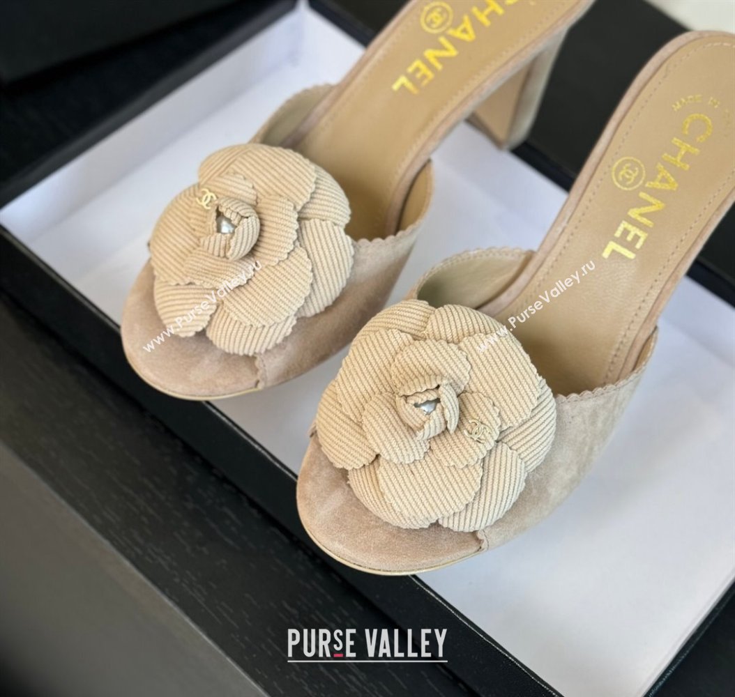 Chanel Suede Heel Slides Sandal 8cm with Camellia Bloom Beige 2024 G45932 (SS-241121027)