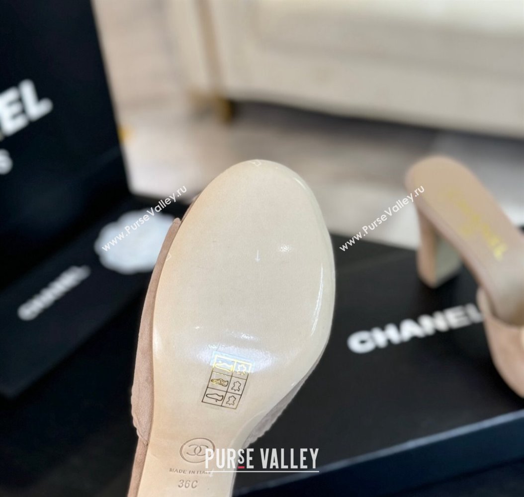 Chanel Suede Heel Slides Sandal 8cm with Camellia Bloom Beige 2024 G45932 (SS-241121027)